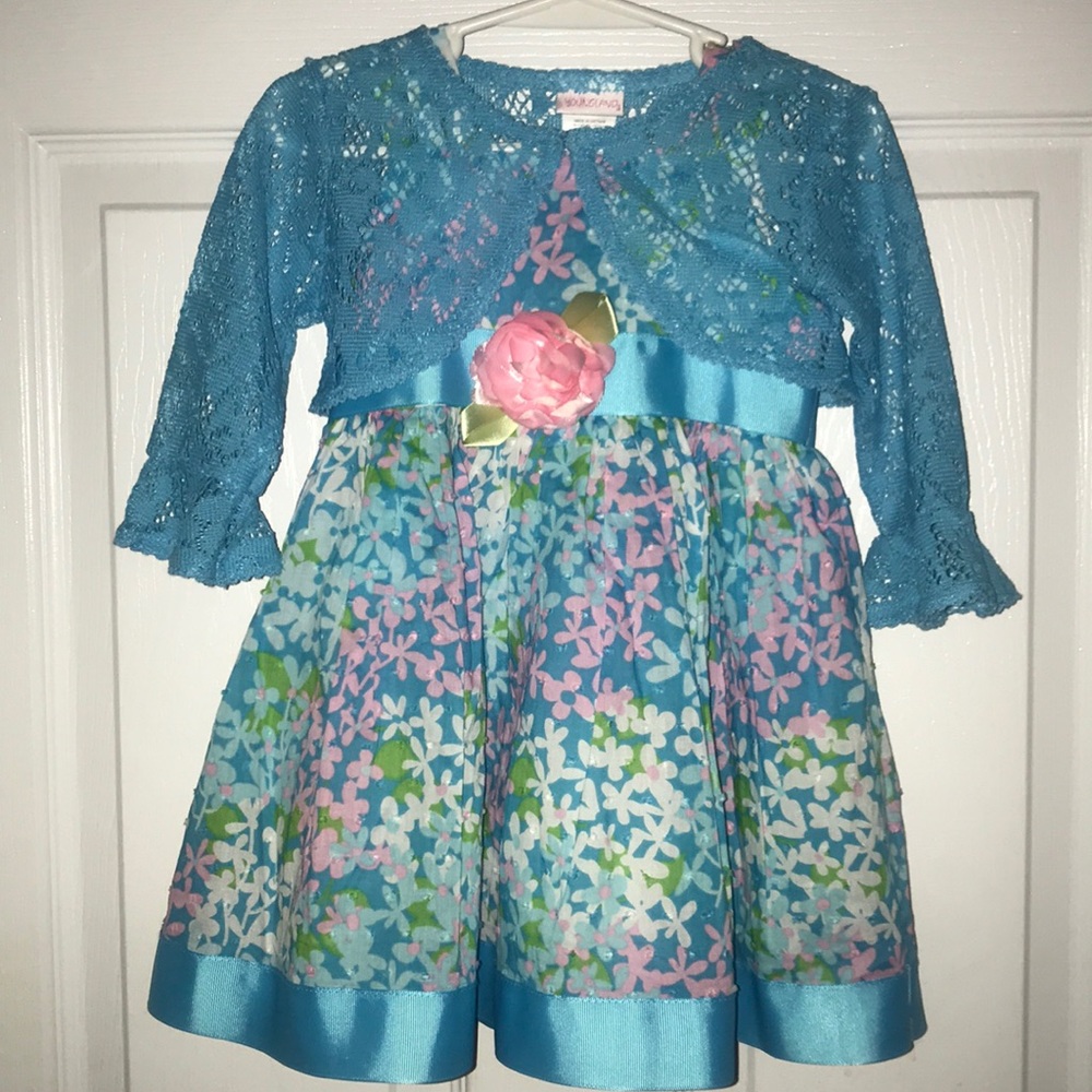 Blue Flower Dress w/ Crochet Shrug EUC (Girls)